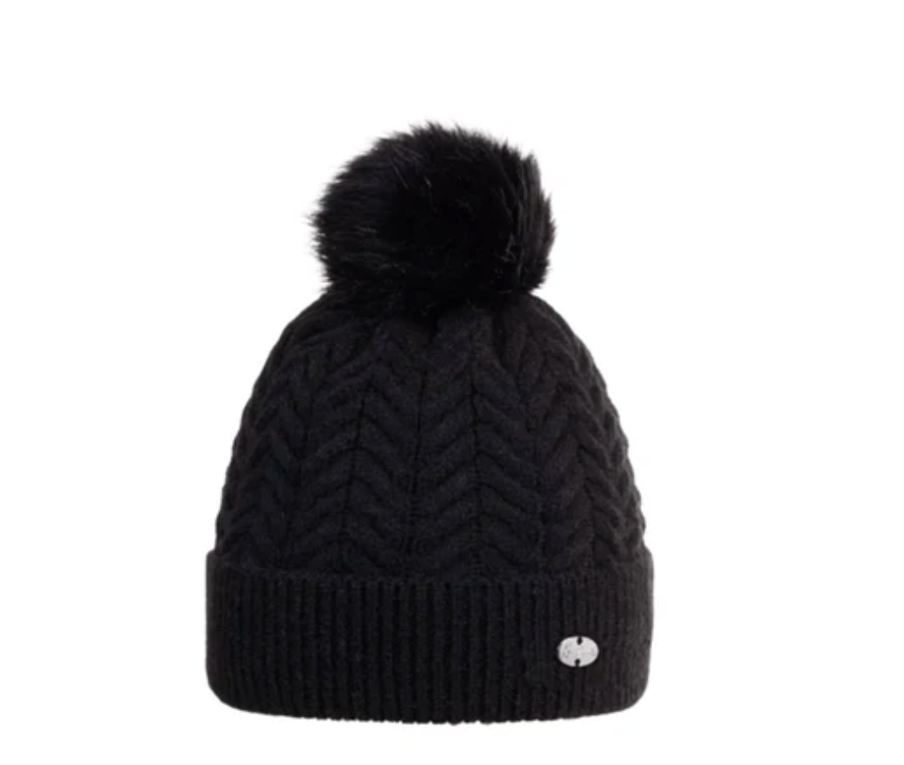Black knit beanie with a pom-pom on a white background